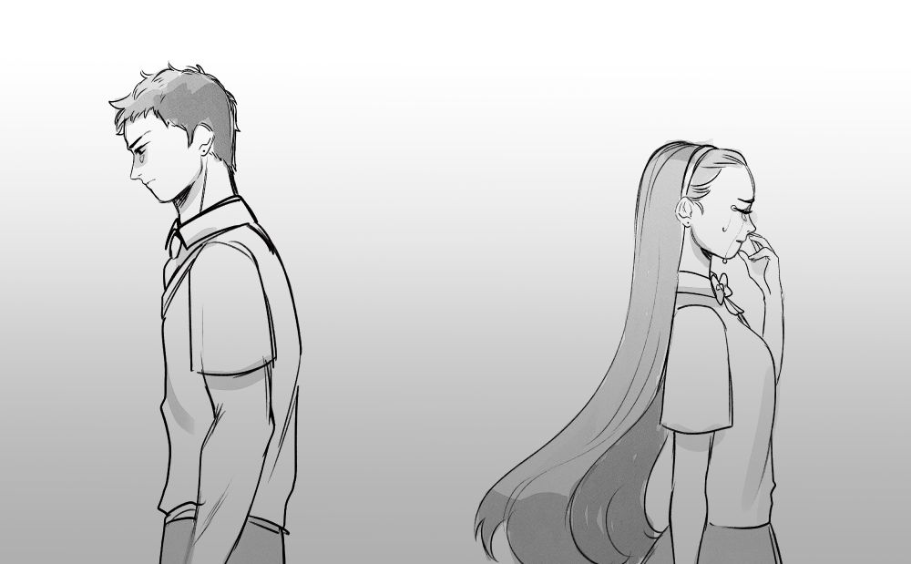 Friends back to back as they face a rift in their friendship. The short girl is crying and the tall guy is frustrated. BW doodle, highschool uniform