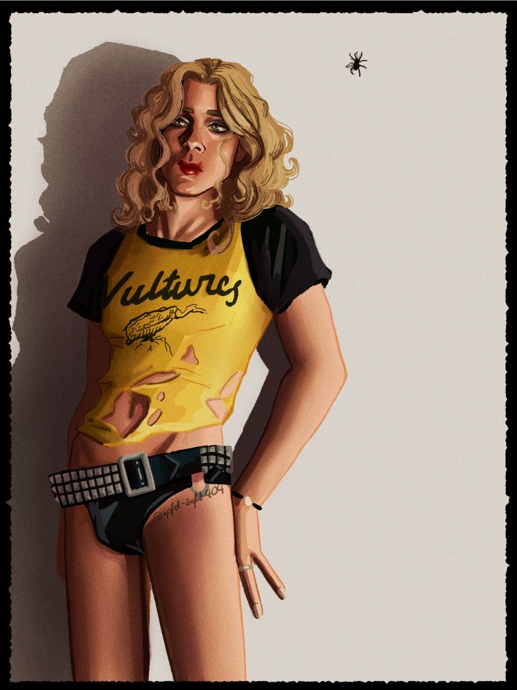 A digital drawing of Lestat de Lioncourt from AMC's Interview with the Vampire as Debbie Harry from Blondie. He is leaning against a white wall with a spider above his head to the right of him, he is looking off into the distance and is both replicating the pose and wearing the same outfit as Debbie Harry in the iconic 'Vultures' photograph.