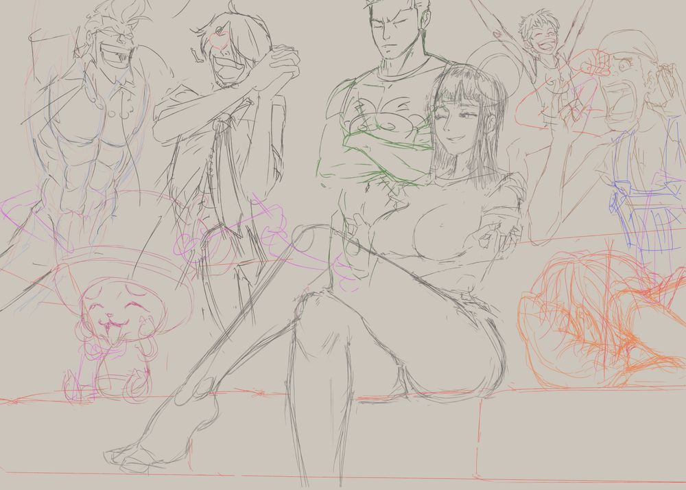 Sketch of nsfw One Piece fan art featuring Nico Robin. Full description in the quoted image.
When I picked it up again in January of 2025 I decided to put a year of experience into practice. I wanted to shift the perspective a bit, align Robin with the right third line (which also had the benefit of showing more of her legs). I flipped the Strawhats around because there was more room on the left of the image now for Franky, and Usopp could kind of hunch forward as he reacted.

I sketched each of the Strawhats independently, mostly in different colors, so I could figure out the layout and not lose them as they overlapped. Zoro looks all wonky because originally I had him in the far background, but in the final composition I moved him right behind Robin's shoulder, resulting in some distortion as I flipped him and skewed him to get the rough perspective right. 

Nami and Chopper were late additions, because I originally wanted to follow the original Piper Perri surrounded meme exactly. But the couch felt really empty and there were only (at the time) two crew members not present, so I figured out gags for them so they could fit onto the couch without dramatically changing the layout. Chopper especially worked out because the back of the couch was too low for the convenient censoring I wanted for Franky and Sanji.
