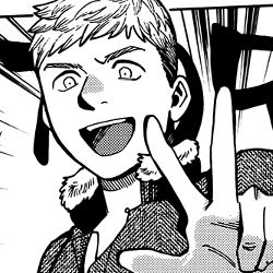 An image of Laois from Dungeon Meshi holding up a peace sign, he appears to be yelling. 