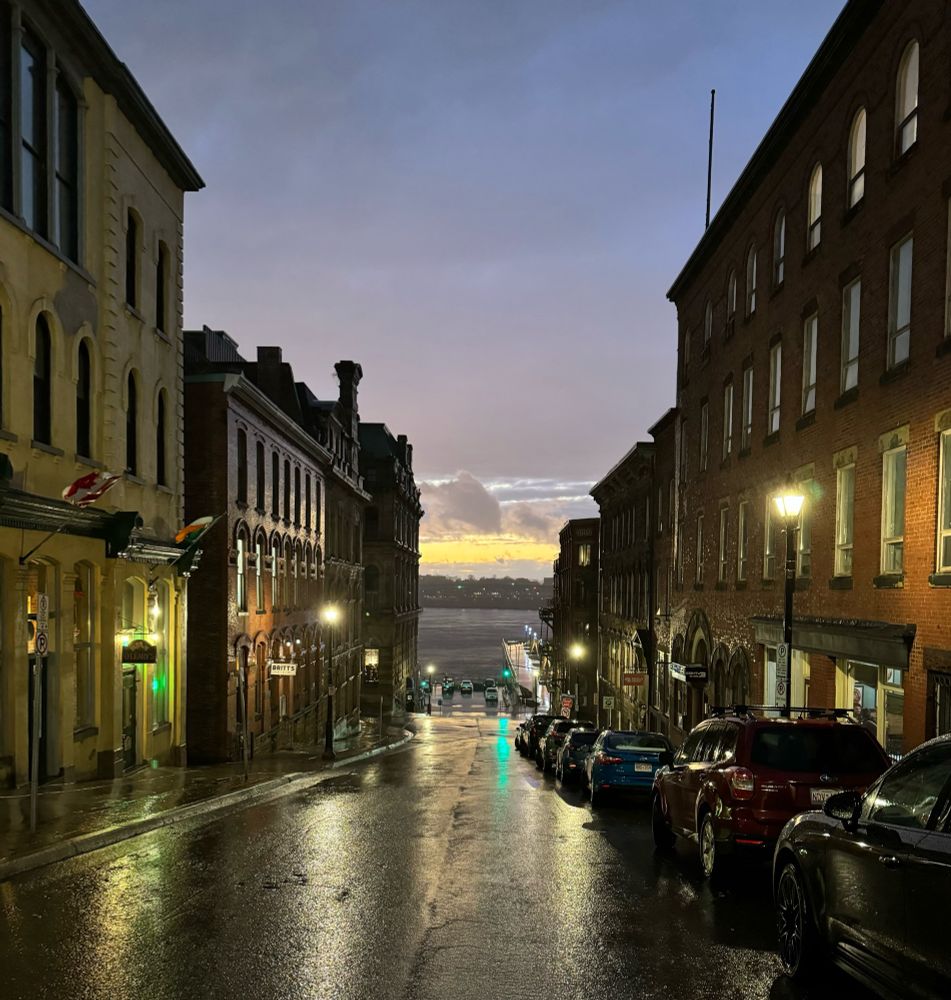 A rainy street at dusk.