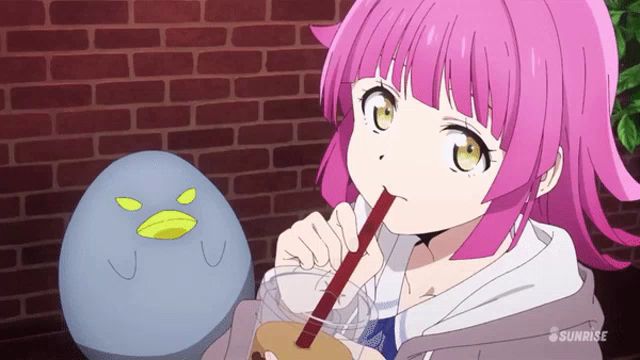 a girl with pink hair drinking from a cup with a straw and a sunrise logo in the corner