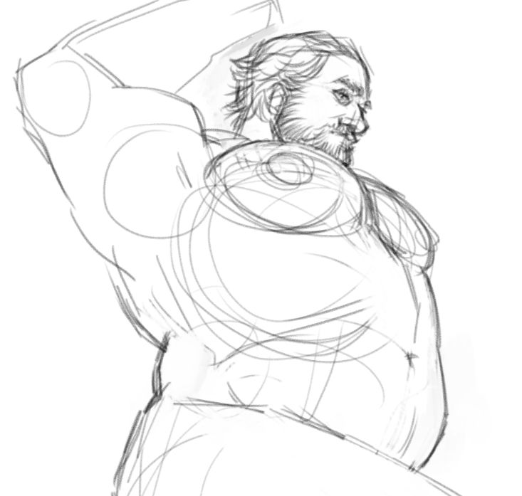 digital sketch of vander. he's shirtless and laying on his side with one arm up behind his head and one thigh crossed over the other. the angle of the pose emphasizes his chest.