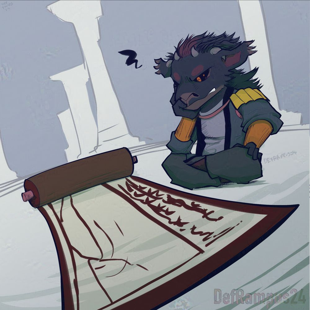 Ilskor reading from a scroll on a temple floor. Ilskor is frustrated.