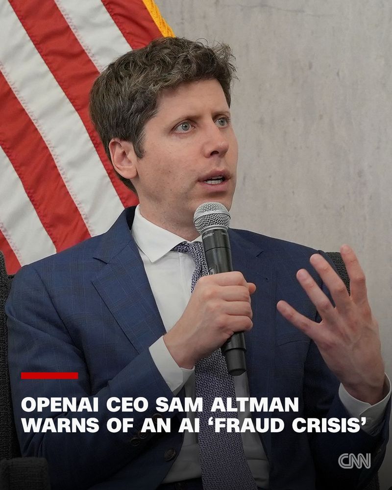 Photo of Sam Altman looking shocked like always with the headline OpenAI CEO Sam Altman Warns of an AI Fraud Crisis