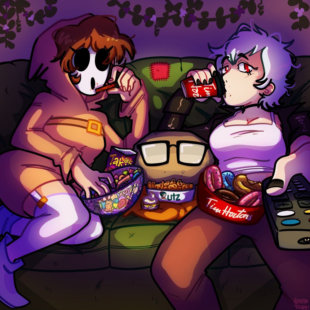 Illustration depicting Shy (shy girl), Steef (a rock wearing glasses), and Ygg (a girl) hanging out on a couch with snacks and watching TV, from the TV's point of view. Ygg is pointing the remote at the TV, Shy is eating takis and gummies, and Steef has utz pretzels and a small tub of dip in front of him. Inexplicably, the part of the rock where a mouth would go has crumbs on it. 