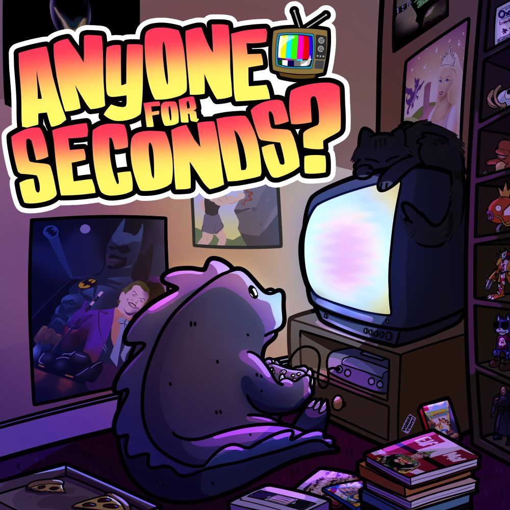 Anyone For Seconds? Podcast cover art, depicting a small kaiju in front of a TV, holding a videogame controller. Around it, movies, videogame props, pizza, posters, and a cat is sleeping on the TV. 