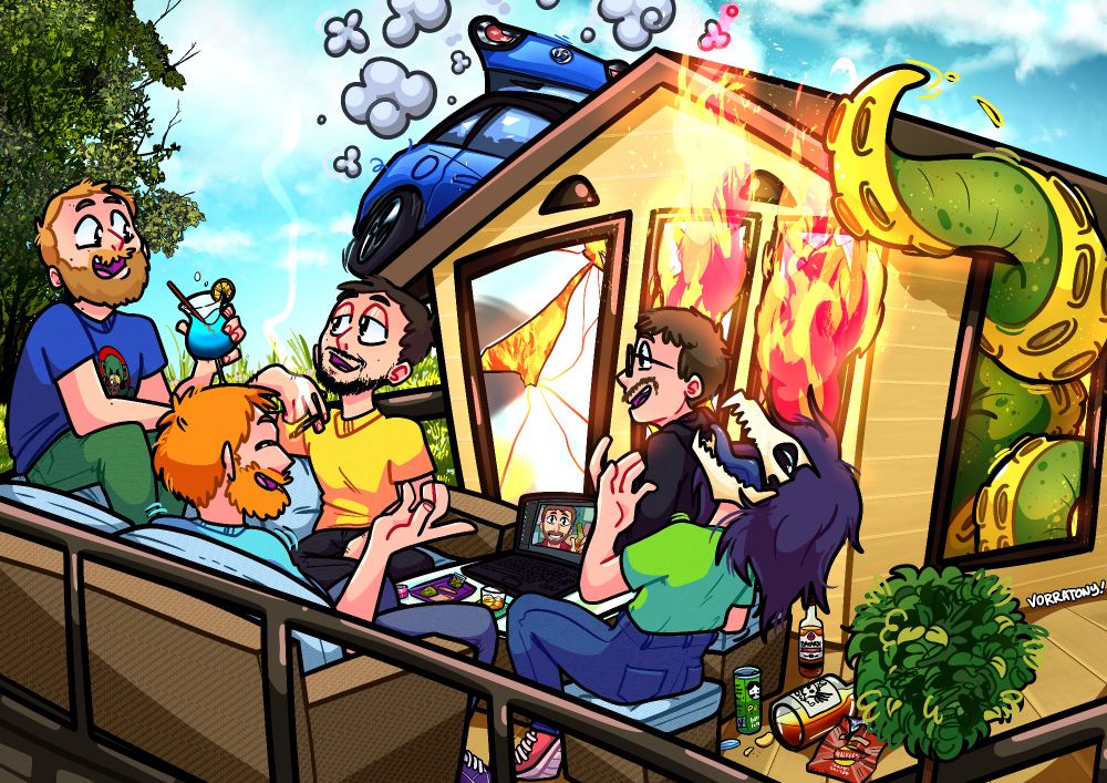 big illustration depicting five friends hanging out around a table, on which a laptop shows a sixth friend on videocall with them. behind them, an Airbnb on fire with broken windows, tentacles coming out of another window, snacks and drinks on the floor, and a car crashed onto the roof of the Airbnb. they don't seem to notice or care!
