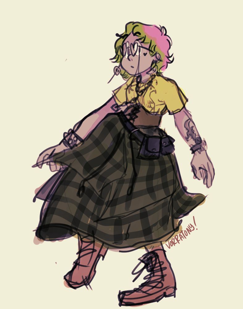 sketch depicting tony wearing a yellow shirt, brown corset style belt, a handy black belt with many pockets and compartments, a greenish tartan skirt and brown boots. also some neck accessories 