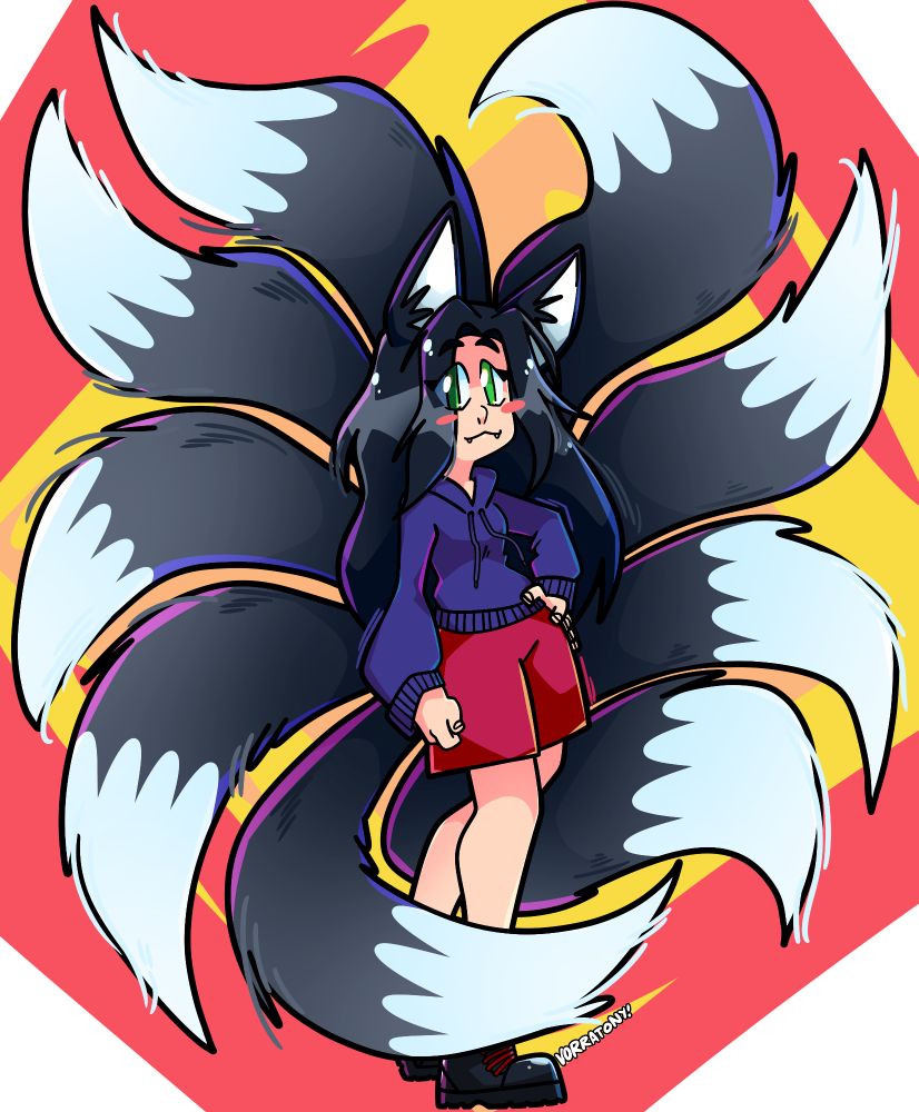 Illustration of a character with long black hair, black ears, and nine dark grey tails with white tips. They're wearing a dark blue hoodie and red shorts. 
