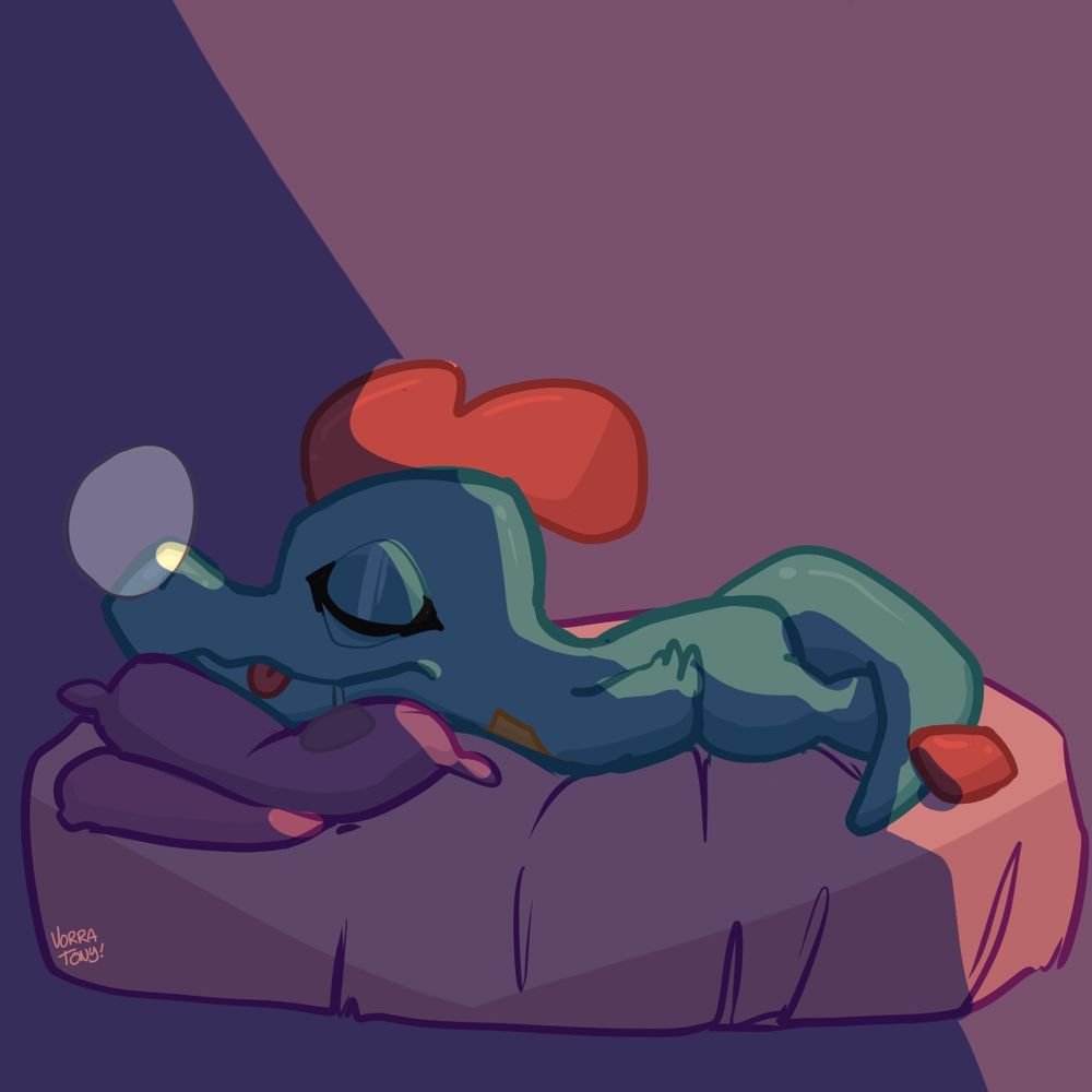 doodle of a totodile variation sleeping on a big cushion and two pillows