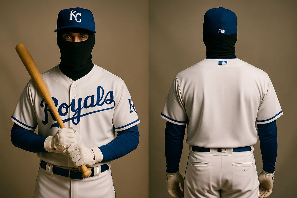 a model baseball player front and back wearing the uniform of the kansas city royals. the player is wearing a black balaclava-style mask. the back of the uniform is blank with no name or number. the front of the uniform is the normal Kansas City home uniform. the back of the uniform is blank. there is no number on the front of the uniform. the idea is you can't tell who the player is!