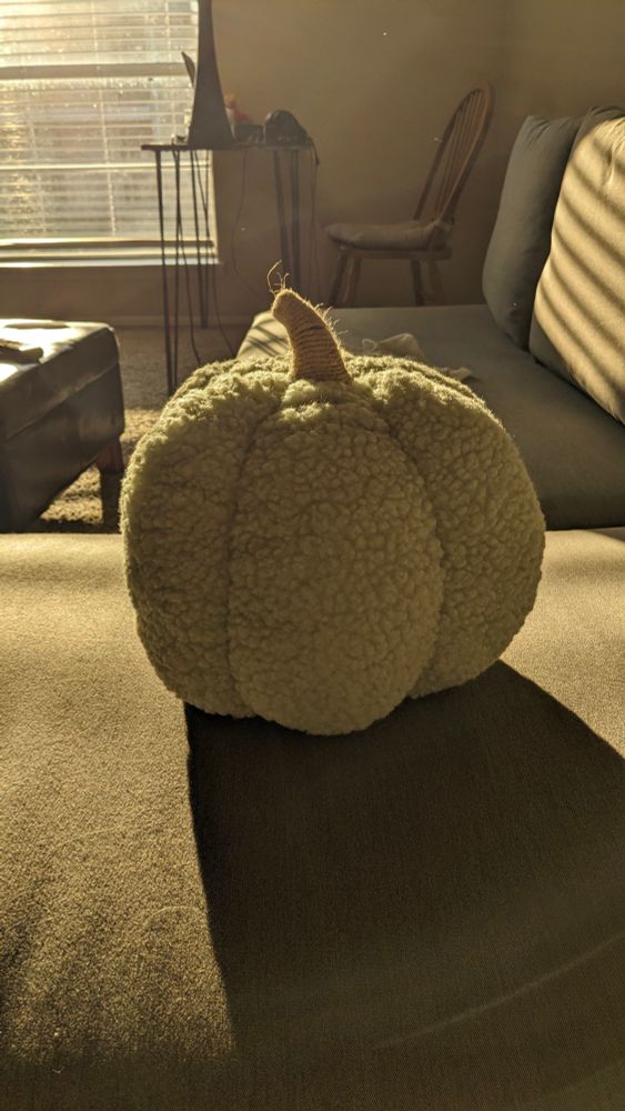 The sun setting on a wool pumpkin. Side angle.