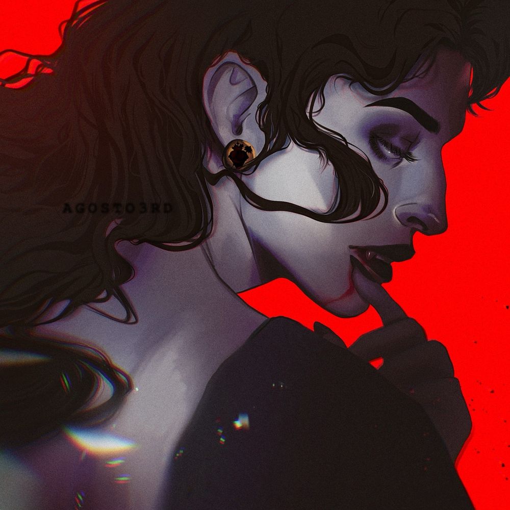 Imagen de Sagrado, personaje de mi cómic "Coyote Tresvidas", de perfil, en su forma vampira, tocándose parte del mentón donde hay sangre. Asoma su colmillo vampiro. Su pelo se mueve y lleva un pendiente con un corazón sagrado cruzado por una rosa tipo viridiflora. El fondo es rojo y su piel en cambio grisácea.