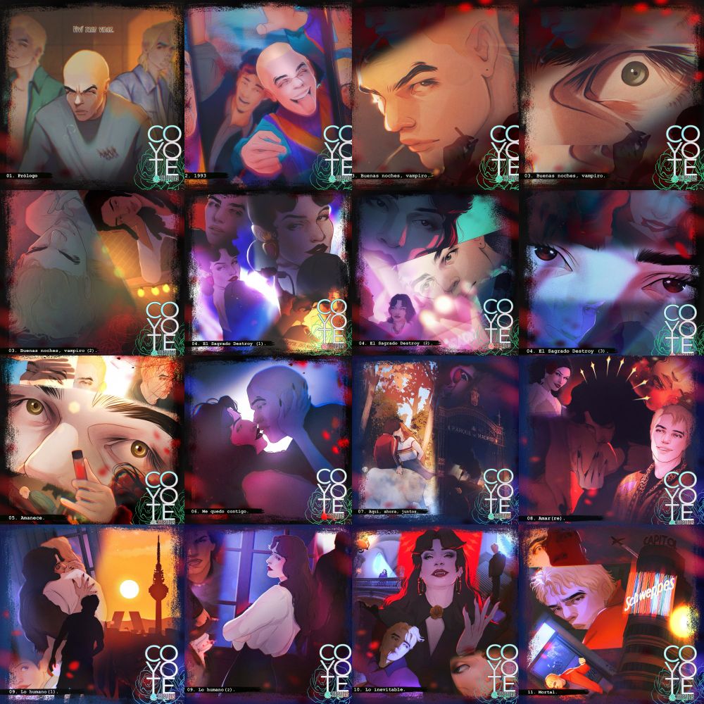 Todas las carátulas de promoción de todos los capítulos de Coyote en los últimos dos años. Todas comparten el mismo diseño y son una colección de viñetas por cada capítulo + el logo del cómic. Cada carátula puede verse bajo el hashtag del cómic con su propio tag, en esta reunión aparecen muy en pequeño simplemente para enseñar todas las actualizaciones de una vez.