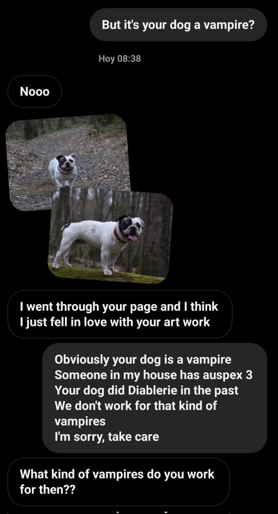 Continuación de la otra captura. La persona contesta: nooooooo, y pasa fotos del perro diciendo que ha visto mi perfil y que se ha enamorado de mi estilo.
Yo le contesto con varios términos del juego de rol Vampiro la Mascarada (auspex es un poder, Diablerie matar a otro vampiro y "comerlo": "obviamente tu perro es un vampiro. Alguien en mi casa tiene auspex 3. Tu perro hizo Diablerie en el pasado. No trabajamos con esa clase de vampiros. Lo siento, cuidate".
A lo que el casi bot contesta: "para qué clase de vampiros trabajas entonces??"