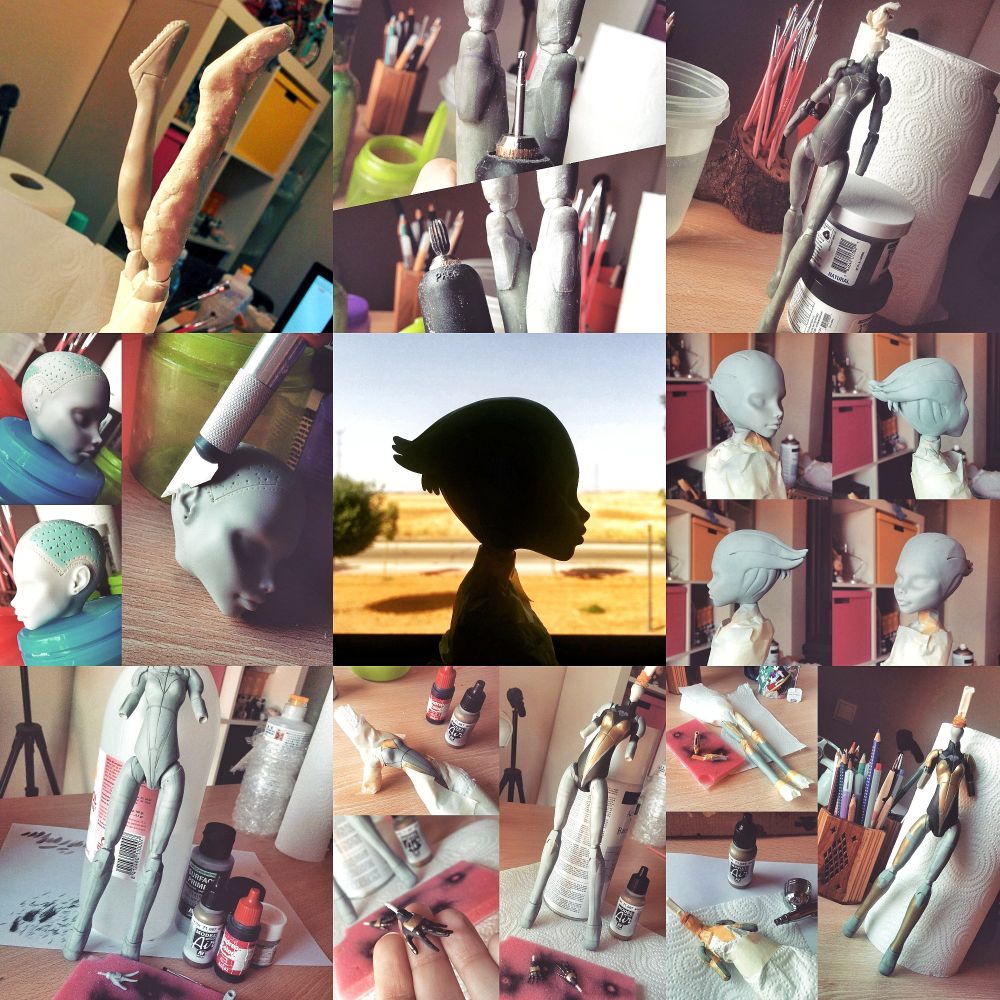 Una colección de fotografías del proceso de creación de la Monster High custom del primer post. Aparece desde cómo esculpí la armario con masilla, la esculpí con Dremel, pinté con aerógrafo y modifiqué la cabeza. En medio está la muñeca en sombras con un fondo de campo.