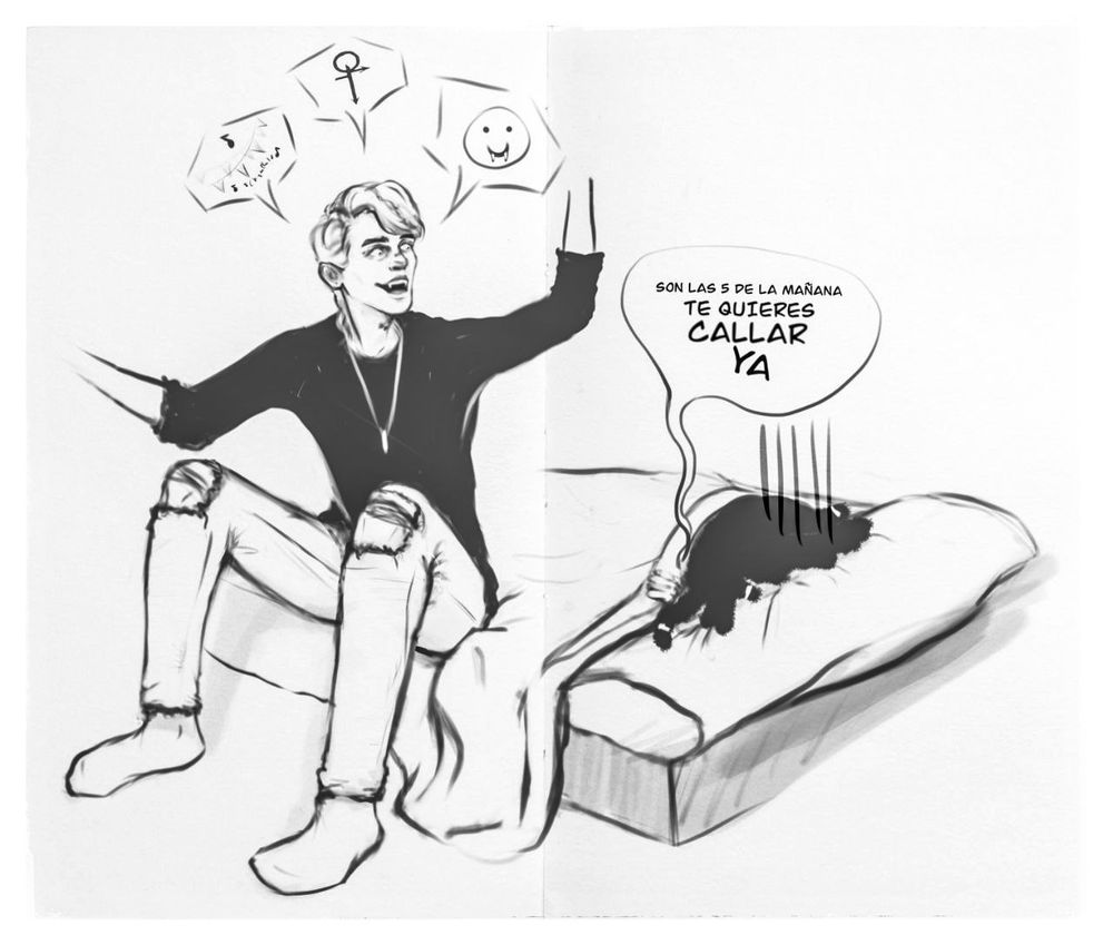 Una viñeta y uno de los primeros dibujos que hice de Coyote en 2022 la primera noche que jugué con él una partida de rol. Es un dibujo viejo, apenas llevaba dos años dibujando, y aparece Coyote emocionado sentado al borde la cama de Bennie, que está tapada hasta la cabeza, hartísima de que el vampiro no se calle siendo las 5 de la mañana. Es en blanco y negro.