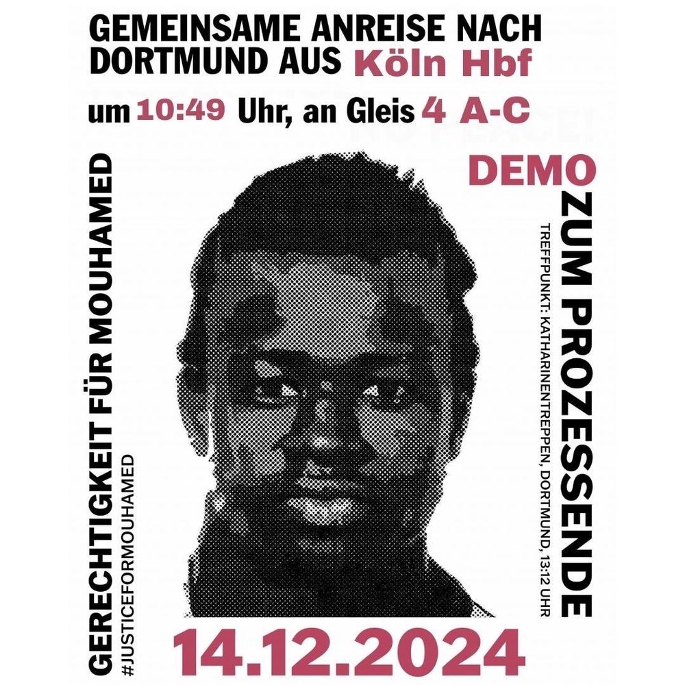 Poster lädt ein zur Demo in Dortmund am 14.12. zum Prozessende wegen tödlicher Polizeigewalt. Es zeigt das Porträt des getöteten Mouhamed.