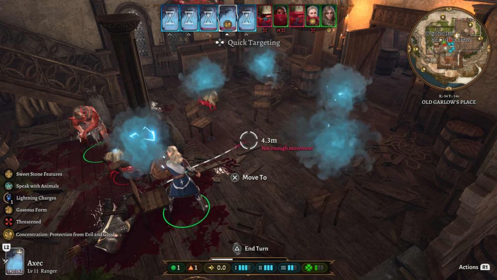 A screenshot of combat during Balders Gate 3. A player has turned their entire party into gaseous forms, and the party is sitting/floating on a circle of wooden chairs facing each other, as if in an important meeting.