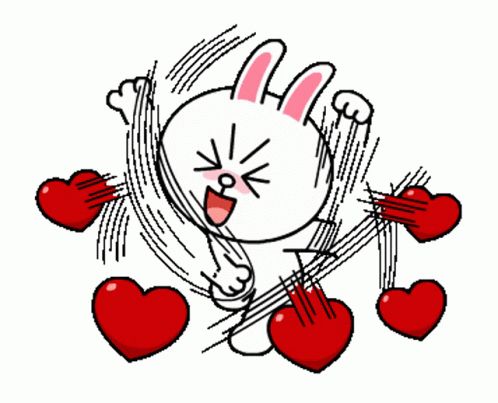 a cartoon rabbit is surrounded by red hearts and is making a funny face