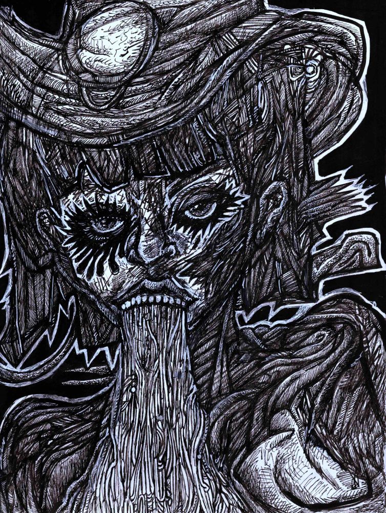 Ink drawing of cowgirl vomiting