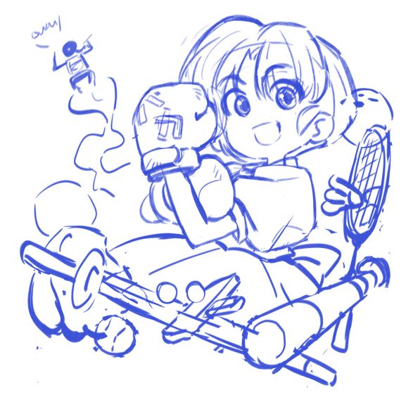 The composition is locked! Akane surrounded with sport gears and Ranma flying