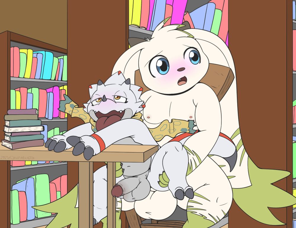 Commission of Azil31's Gammamon getting fucked by a custom Terriermon in a library.
