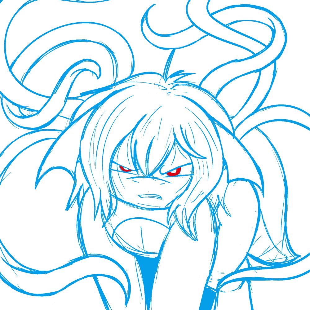 Rough sketch of Tailisup looking pretty mad. 6 tentacles wiggle threateningly, sprouting from his back. 