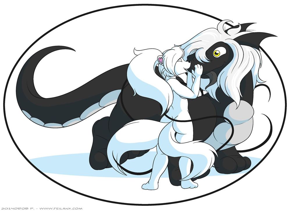 Old old old drawing showing what Tailisup would look like if he was the same size of normal Shadow Dragons. He is nuzzling his mate, Artamis Snowpaw, who is rocking their female body in this drawing.