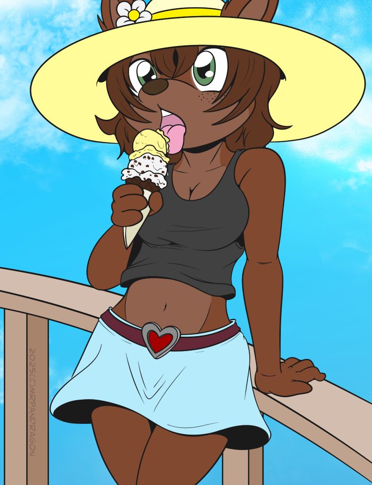 "Wing it!" Commission for @kzinticv.bsky.social of her Deer OC in cool summer fashion. She's licking some ice cream.
