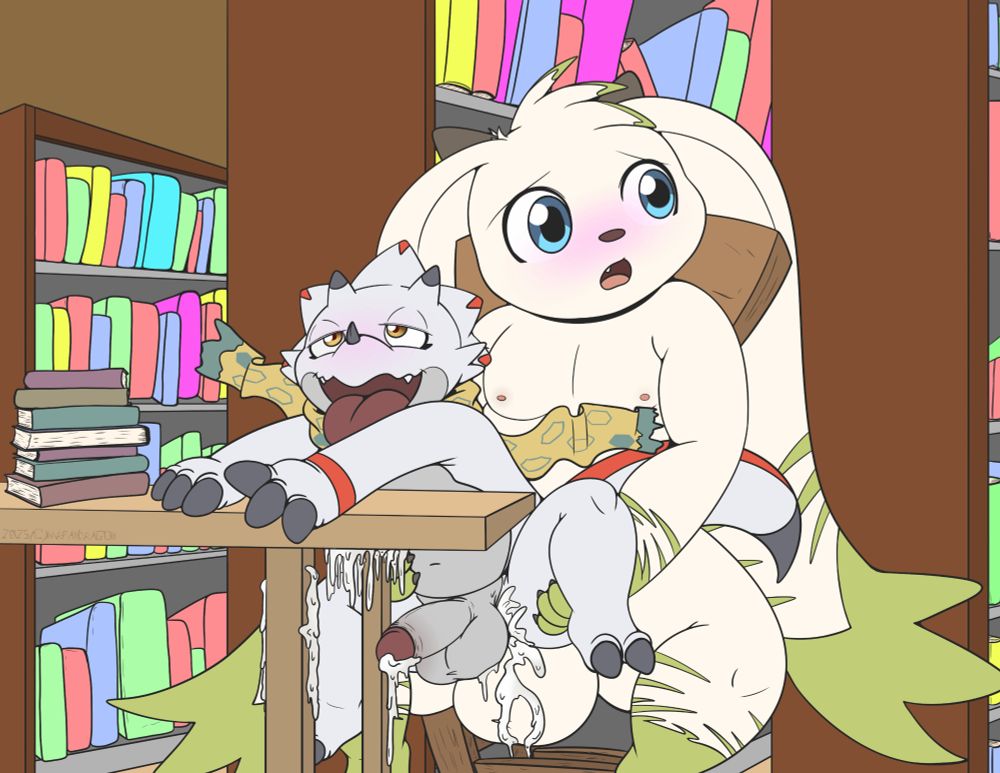 Commission of Azil31's Gammamon getting fucked by a custom Terriermon in a library.

They are both cumming messily.