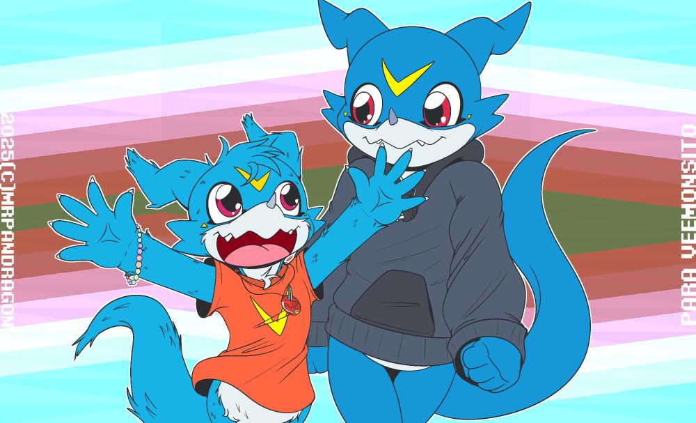 Two Veemon. One extra small and fluffy Veemon waving his arms excitedly. He's wearing a fiery orange T-shirt and a necklace of the Digimental of Courage.

The other is wearing a black hoodie and has the Digimental of Friendship around his neck. 