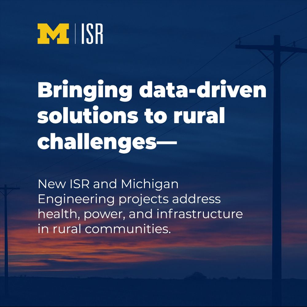 Power lines against a rural sunset backdrop with ISR logo; text reads "Bringing data-driven solutions to rural challenges—New ISR and Michigan Engineering projects address health, power, and infrastructure in rural communities."