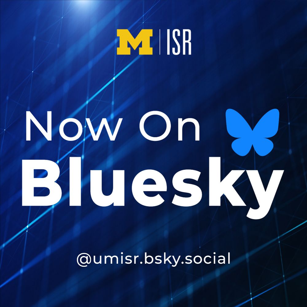 Blue digital grid background with University of Michigan ISR logo at the top followed by the headline text "Now On Bluesky" featuring the Bluesky logo and handle "@umisr.bsky.social" at the bottom.