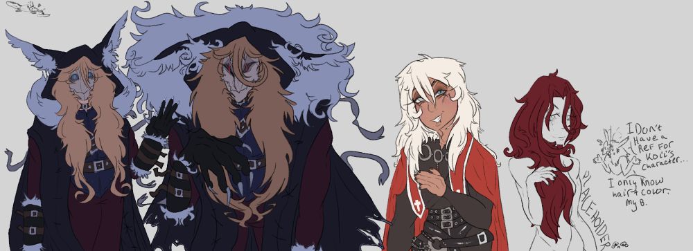 There are two characters to the left that have designs closely referencing Ithaqua from Identity V, but with some different colors and long blonde hair. One looks friendly and soft while the other looks evil. Next to them is a Nathaniel Norwell hunter design based on Ithawua's art. In a red cloak with crosses on it and dark clothing with lots of belts. Their hair is a very light blonde and they are giving a charming smile. To the far right it a red haired girl who is not finished because I don't have a full reference for her. RIP.