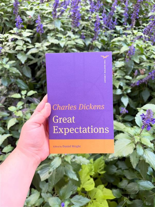 Purple and orange color blocked cover of Charles Dickens’s novel Great Expectations against a backdrop of purple and green flowers. Edited by Daniel Wright for The Norton Library.