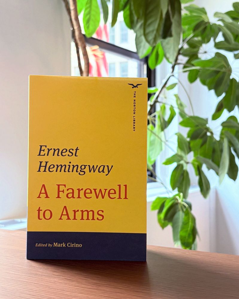 Norton Library edition of A Farewell to Arms by Ernest Hemingway, a modernist novel. The yellow and blue text cover is photographed on a brown background with a succulent and candle as decor