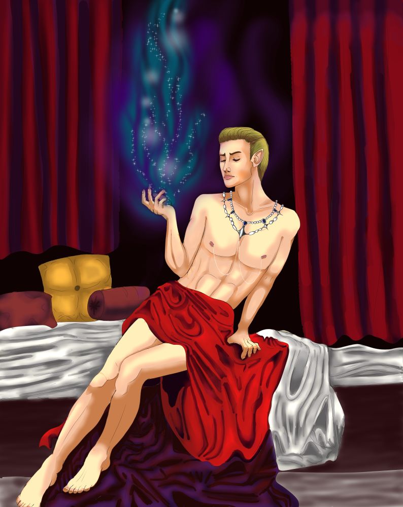 A digital illustration of my OC Drake in the Baldur's Gate AU depicted as a half elf wizard. Hes on a bed full of messy sheets, hes wearing a red robe across his lap and theres blue green magicky trails coming from his hand