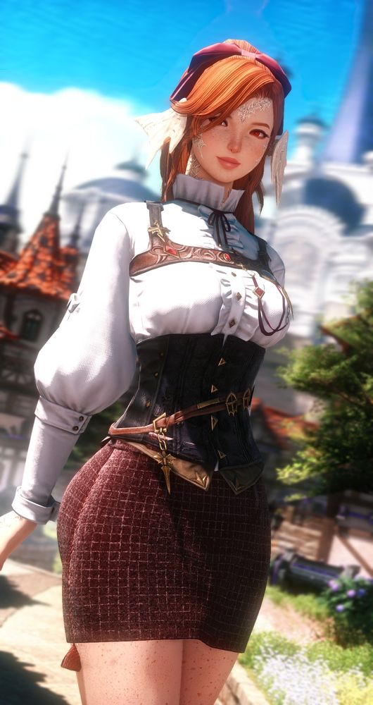 Female Raen from Final Fantasy XIV posing in front of the castle of Alexandria.