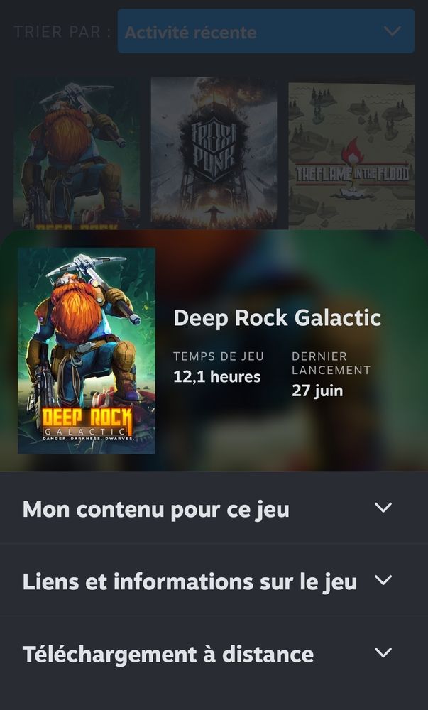 Screenshot of my steam library in last played sorting, Deep rock galactic is the last game I've played