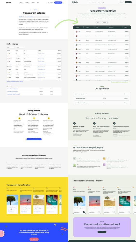 Comparison of the existing Buffer.com/salaries page with visually redesigned page featuring a more playful aesthetic with a less saturated color palette.