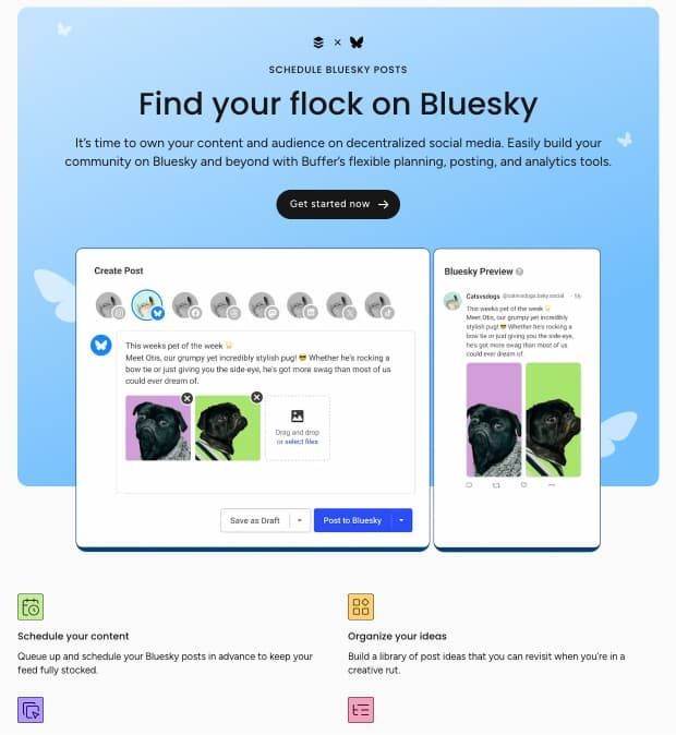 Buffer Bluesky landing page hero section with headline, supporting text, button, and hero image that extends beneath the blue background.