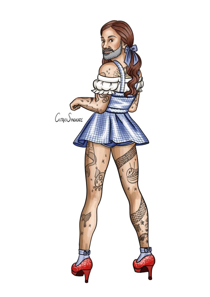 Lucia's marker-drawn Oz-Ed! This is one of my all-time fave pics of Ed. He's dressed as Dorothy but in the tiniest, sluttiest costume ever produced. We're looking at his backside here—he's peeking over his left shoulder at us. The gingham dress barely covers his arse and we can see a glimpse of panties sticking out underneath. He's got LEGS FOR DAYS here (capitalize, italics, and underline are completely justified) and at his ankles, little socks with bows on them in sparkly ruby red heels. His white blouse sits off the shoulder and he's wearing a brunette wig with corkscrew pigtails with blue ribbons. He is divine.