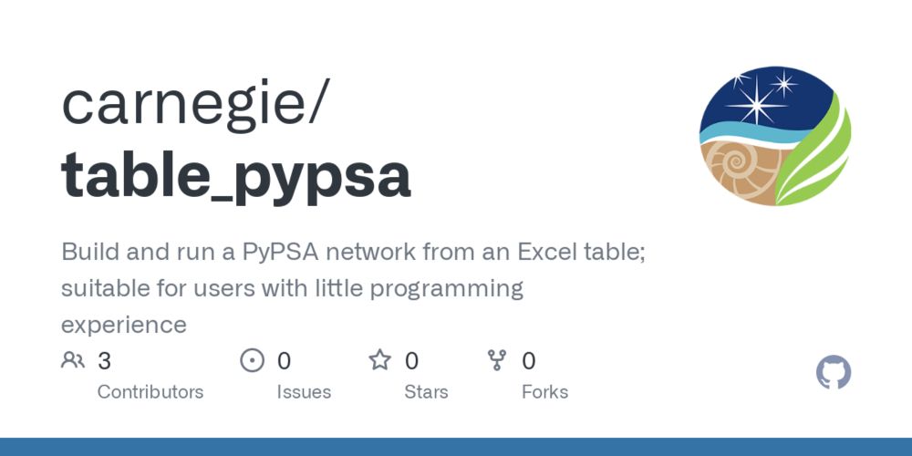 GitHub - carnegie/table_pypsa: Build and run a PyPSA network from an Excel table; suitable for users with little programming experience