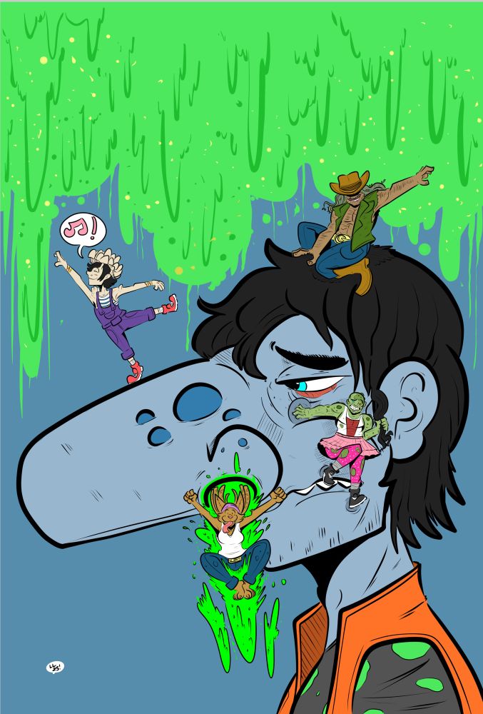 A blue man with a large nose has four other mutants dancing around his head