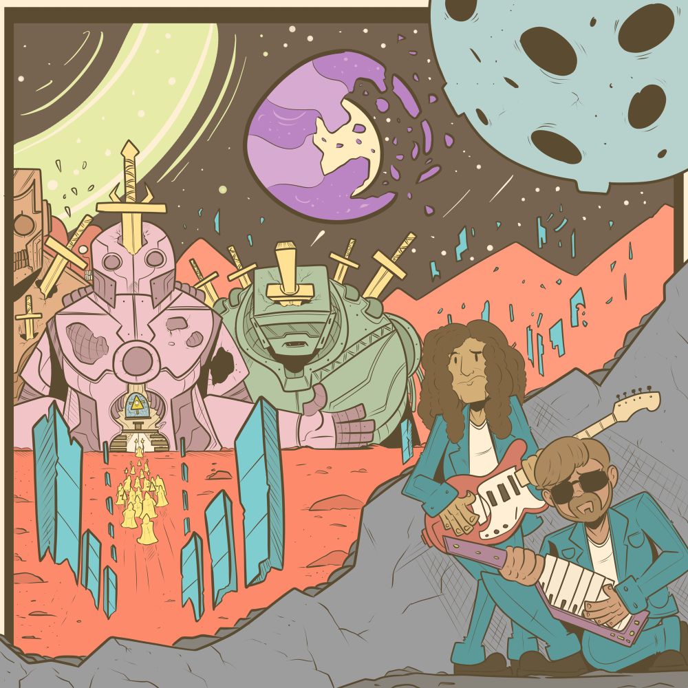 An album cover depicting two musicians hiding behind a rock while they watch a cult move towards a church made of broken robots