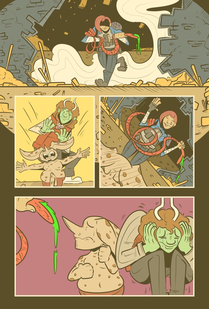 A mercenary with a gun made out of leaky guts hunts down a scrawny orc boy and his little goblin companion