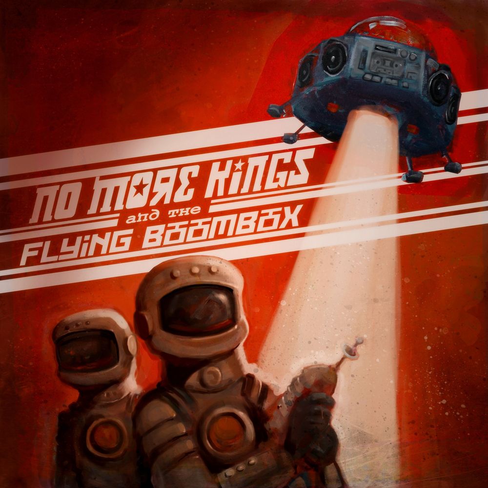 cover art to the No More Kings album No More Kings and the Flying Boombox. IT's red with a spaceshit and some ppl in spacesuits