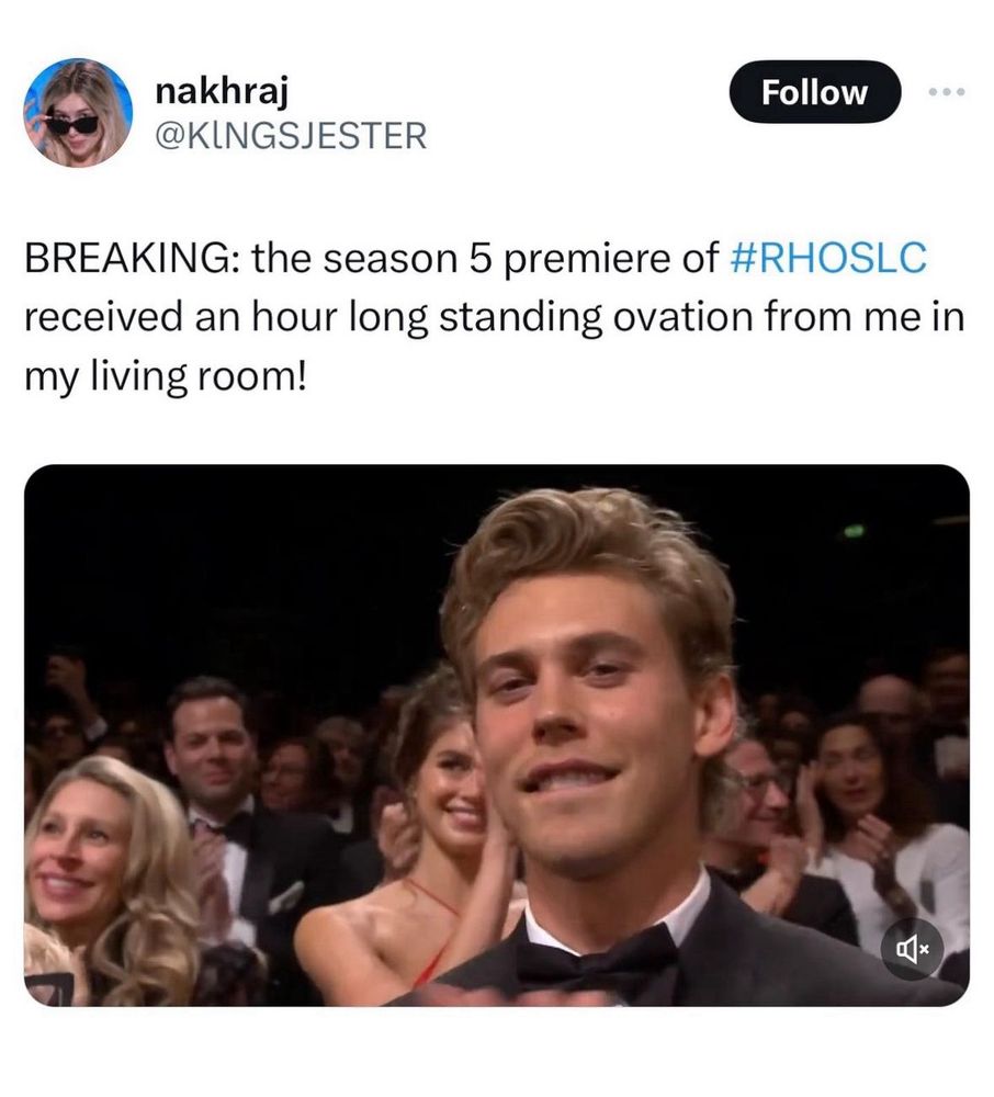 screenshot of an awards show meme that says “BREAKING: the season 5 premiere of RHOSLC received an hour long standing ovation from me in my living room!”